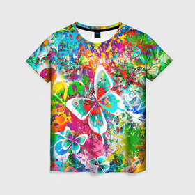 Женская футболка 3D с принтом ЯРКИЕ КРАСКИ в Кировске, 100% полиэфир ( синтетическое хлопкоподобное полотно) | прямой крой, круглый вырез горловины, длина до линии бедер | butterfly | color | flower | rainbow | summer | бабочки | брызги | краски | лето | радуга | цвета | цветы