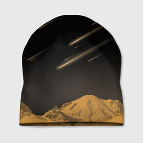 Шапка 3D с принтом Звездопад в Кировске, 100% полиэстер | универсальный размер, печать по всей поверхности изделия | art | black | orange | print | абстракция | горы | звёзды | ночь