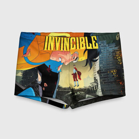 Детские купальные плавки 3D с принтом INVINCIBLE в Кировске, Полиэстер 85%, Спандекс 15% | Слитный крой, подклад по переду изделия, узкие бретели | allen | invincible | omni man | omniman | superhero | алиен | аллен | инвинсибл | неуязвимый | омнимэн | супергерои