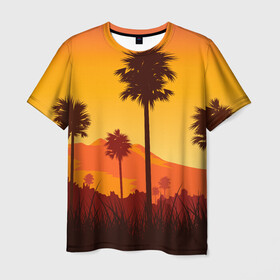 Мужская футболка 3D с принтом Лето, Пальмы, вечер в Кировске, 100% полиэфир | прямой крой, круглый вырез горловины, длина до линии бедер | palm | summer | tropical | вечер | гора | жара | летние | лето | пальмы | тропики | тропический