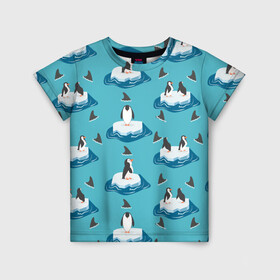 Детская футболка 3D с принтом Пингвины в Кировске, 100% гипоаллергенный полиэфир | прямой крой, круглый вырез горловины, длина до линии бедер, чуть спущенное плечо, ткань немного тянется | море | морские | океан | пингвин | пингвинчик | пингвины | плавники акул