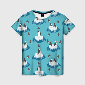 Женская футболка 3D с принтом Пингвины в Кировске, 100% полиэфир ( синтетическое хлопкоподобное полотно) | прямой крой, круглый вырез горловины, длина до линии бедер | море | морские | океан | пингвин | пингвинчик | пингвины | плавники акул