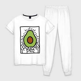 Женская пижама хлопок с принтом АВОКАДО АРТ в Кировске, 100% хлопок | брюки и футболка прямого кроя, без карманов, на брюках мягкая резинка на поясе и по низу штанин | avocado | авокадо | арт | минимализм | простота | человечки