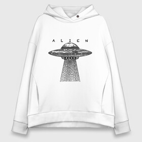 Женское худи Oversize хлопок с принтом Alien в Кировске, френч-терри — 70% хлопок, 30% полиэстер. Мягкий теплый начес внутри —100% хлопок | боковые карманы, эластичные манжеты и нижняя кромка, капюшон на магнитной кнопке | гравюра | графика | инопланетный корабль | космический корабль | космос | летающая тарелка | пришельцы | чёрно белый