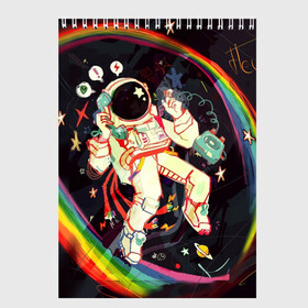 Скетчбук с принтом Космонавт в Кировске, 100% бумага
 | 48 листов, плотность листов — 100 г/м2, плотность картонной обложки — 250 г/м2. Листы скреплены сверху удобной пружинной спиралью | арт | значки | космонавт | космос | надписи | радуга | цветное