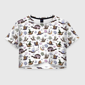 Женская футболка Crop-top 3D с принтом улитки и домики в Кировске, 100% полиэстер | круглая горловина, длина футболки до линии талии, рукава с отворотами | домики | милые. анималистический паттерн | паттерн с улитками | ракушки | улитки