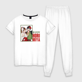 Женская пижама хлопок с принтом хоримия аниме в Кировске, 100% хлопок | брюки и футболка прямого кроя, без карманов, на брюках мягкая резинка на поясе и по низу штанин | anime | horimiya | kawaii | manga | shoujo | shoujomanga | аниме | манга | хоримия