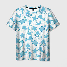 Мужская футболка 3D с принтом Морские жители в Кировске, 100% полиэфир | прямой крой, круглый вырез горловины, длина до линии бедер | Тематика изображения на принте: dolphin | дельфин | краб | море | морская звезда | морские | морской конек | осьминог | с дельфином | черепаха