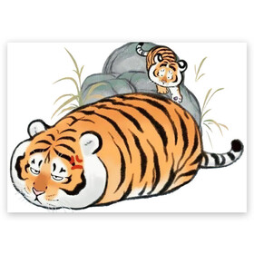 Поздравительная открытка с принтом Дикая семейка в Кировске, 100% бумага | плотность бумаги 280 г/м2, матовая, на обратной стороне линовка и место для марки
 | Тематика изображения на принте: арт | бамбук | камень | камни | рисунок | семья больших котиков | семья котиков | тигр | тигрёнок | тигриная семейка | тигриная семья | тигры