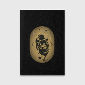 Обложка для паспорта матовая кожа с принтом черный тигр в Кировске, натуральная матовая кожа | размер 19,3 х 13,7 см; прозрачные пластиковые крепления | Тематика изображения на принте: tiger | звезды | кот | кошка | луна