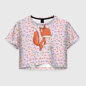 Женская футболка Crop-top 3D с принтом Лисичка и мышка в Кировске, 100% полиэстер | круглая горловина, длина футболки до линии талии, рукава с отворотами | fox | foxy | животное | звери | лиса | лисенок | лисичка | милая | рыжая | фокс