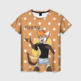 Женская футболка 3D с принтом Furry fox guy в Кировске, 100% полиэфир ( синтетическое хлопкоподобное полотно) | прямой крой, круглый вырез горловины, длина до линии бедер | animal | anthro | covered in fur | fox | furry | fursuit | лис | покрытый мехом | фурри