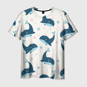 Мужская футболка 3D с принтом Киты в Кировске, 100% полиэфир | прямой крой, круглый вырез горловины, длина до линии бедер | whale | белый кит | кит | киты | корабли | кораблики | маяк | морские | паттерн | синий кит | чайки