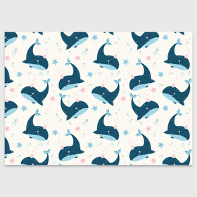 Поздравительная открытка с принтом Киты в Кировске, 100% бумага | плотность бумаги 280 г/м2, матовая, на обратной стороне линовка и место для марки
 | Тематика изображения на принте: whale | белый кит | кит | киты | корабли | кораблики | маяк | морские | паттерн | синий кит | чайки