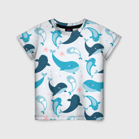 Детская футболка 3D с принтом Киты и тюлени в Кировске, 100% гипоаллергенный полиэфир | прямой крой, круглый вырез горловины, длина до линии бедер, чуть спущенное плечо, ткань немного тянется | Тематика изображения на принте: whale | белый кит | кит | киты | корабли | кораблики | маяк | морские | паттерн | синий кит | чайки