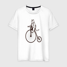 Мужская футболка хлопок с принтом Винтажный кот на велосипеде в Кировске, 100% хлопок | прямой крой, круглый вырез горловины, длина до линии бедер, слегка спущенное плечо. | Тематика изображения на принте: art | cat | circus | fat cat | grand b | kitten | kitty | penny farthing | pennyfarthing | retro | vintage | арт | велосипед с большим колесом | винтаж | винтажный рисунок | котик | кошка | пенни фартинг | пеннифартинг | ретро | толстый кот |