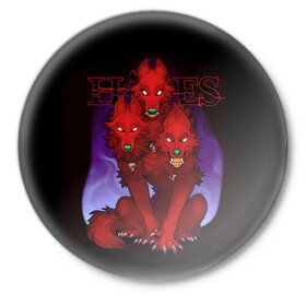 Значок с принтом Hades wolf в Кировске,  металл | круглая форма, металлическая застежка в виде булавки | hades | roguelike | бесконечные круги ада | волк | компьютерная игра | красный | трехглавый