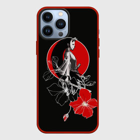 Чехол для iPhone 13 Pro Max с принтом Девушка кошка самурай в Кировске,  |  | Тематика изображения на принте: catgirl | алые цветы | аниме | бакэнэко | девушка кошка | кошачьи уши | маска | нэко | онна бугэйся | самурай | цветы | япония
