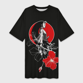 Платье-футболка 3D с принтом Девушка кошка самурай в Кировске,  |  | catgirl | алые цветы | аниме | бакэнэко | девушка кошка | кошачьи уши | маска | нэко | онна бугэйся | самурай | цветы | япония