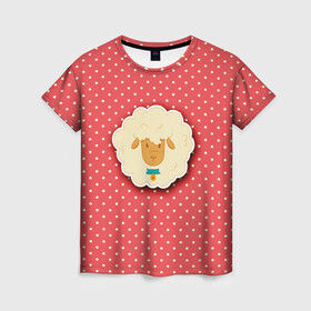 Женская футболка 3D с принтом Овечка в Кировске, 100% полиэфир ( синтетическое хлопкоподобное полотно) | прямой крой, круглый вырез горловины, длина до линии бедер | арт | белая | белое животное | белый горох | горох | овечка | овца | пушистая | пушистик | рисунок | рисунок горошек
