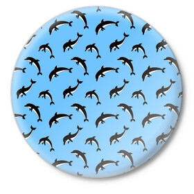 Значок с принтом Дельфины в Кировске,  металл | круглая форма, металлическая застежка в виде булавки | dolphin | дельфин | дельфины | море | морские | на голубом | с дельфином
