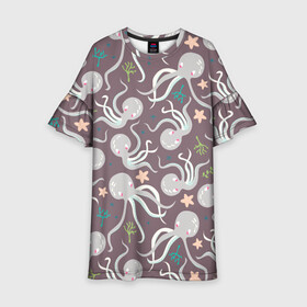 Детское платье 3D с принтом Осьминоги в Кировске, 100% полиэстер | прямой силуэт, чуть расширенный к низу. Круглая горловина, на рукавах — воланы | cute | octopus | милый | морское | осьминог | осьминожка | паттерн | тентакли | щупальца