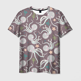 Мужская футболка 3D с принтом Осьминоги в Кировске, 100% полиэфир | прямой крой, круглый вырез горловины, длина до линии бедер | Тематика изображения на принте: cute | octopus | милый | морское | осьминог | осьминожка | паттерн | тентакли | щупальца