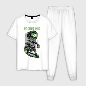 Мужская пижама хлопок с принтом Rocket kid в Кировске, 100% хлопок | брюки и футболка прямого кроя, без карманов, на брюках мягкая резинка на поясе и по низу штанин
 | арт | графика | дети | ребенок | скейт | человек