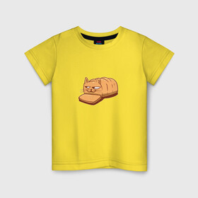 Детская футболка хлопок с принтом Кот хлеб - Bread Cat в Кировске, 100% хлопок | круглый вырез горловины, полуприлегающий силуэт, длина до линии бедер | Тематика изображения на принте: kitten | kitty | meme | memes | puss | pussy | pussycat | батон | булка | булочка | киса | киска | кисуля | кот из мема | котёнок | котик | котята | кошка | мем | мемас | мемчик | не еш подумой | не ешь подумай | нееште меня | 