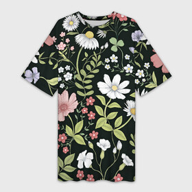 Платье-футболка 3D с принтом Полевые цветы в Кировске,  |  | Тематика изображения на принте: арт | ночь | поле | полевые цветы | рисунок | ромашка | ромашки | тёмный фон | цветок | цветы | чёрное | яркие цветы | яркий цветок