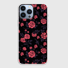 Чехол для iPhone 13 Pro Max с принтом Ночные розы в Кировске,  |  | арт | красная роза | красные розы | ночь | рисунок | роза | розовая роза | розовые розы | розы | тёмный фон | цветок | цветы | чёрное | яркие цветы | яркий цветок