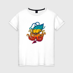 Женская футболка хлопок с принтом Ктулху цветной в Кировске, 100% хлопок | прямой крой, круглый вырез горловины, длина до линии бедер, слегка спущенное плечо | king | kraken | octopus | корона | кракен | ктулху | море | морские | морское | осьминог | щупальца