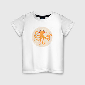 Детская футболка хлопок с принтом Осьминог в наушниках в Кировске, 100% хлопок | круглый вырез горловины, полуприлегающий силуэт, длина до линии бедер | king | kraken | octopus | корона | кракен | море | морские | морское | наушниках | осьминог | щупальца