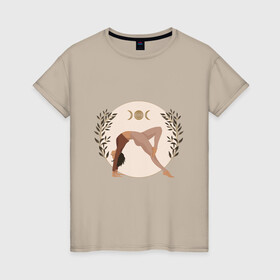 Женская футболка хлопок с принтом Йога в Кировске, 100% хлопок | прямой крой, круглый вырез горловины, длина до линии бедер, слегка спущенное плечо | девушка | йога | медитация | расслабление | растяжка | спорт | спортивная девушка