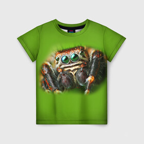 Детская футболка 3D с принтом ПАУК ВБЛИЗИ в Кировске, 100% гипоаллергенный полиэфир | прямой крой, круглый вырез горловины, длина до линии бедер, чуть спущенное плечо, ткань немного тянется | tegunvteg | глаза | животные | макро | насекомые | паук | природа