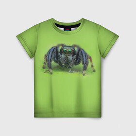 Детская футболка 3D с принтом ПАУК С ГЛАЗКАМИ в Кировске, 100% гипоаллергенный полиэфир | прямой крой, круглый вырез горловины, длина до линии бедер, чуть спущенное плечо, ткань немного тянется | tegunvteg | глаза | животные | макро | насекомые | паук | природа