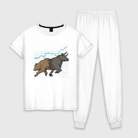 Женская пижама хлопок с принтом Бык или Медведь в Кировске, 100% хлопок | брюки и футболка прямого кроя, без карманов, на брюках мягкая резинка на поясе и по низу штанин | bulls | акции | банк | бык | инвестиции | медведь | тинькофф