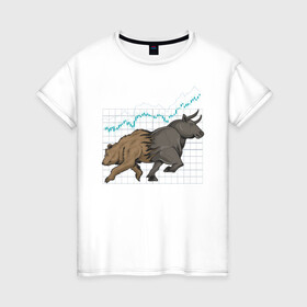 Женская футболка хлопок с принтом Бык или Медведь в Кировске, 100% хлопок | прямой крой, круглый вырез горловины, длина до линии бедер, слегка спущенное плечо | bulls | акции | банк | бык | инвестиции | медведь | тинькофф