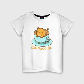 Детская футболка хлопок с принтом Catpuccino в Кировске, 100% хлопок | круглый вырез горловины, полуприлегающий силуэт, длина до линии бедер | Тематика изображения на принте: animal | cat | cute | kitty | meow | друг | животные | киска | китти | кот | котенок | котик | котэ | кошечка | кошка | милый | мур | мяу | питомец