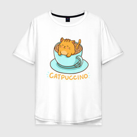 Мужская футболка хлопок Oversize с принтом Catpuccino в Кировске, 100% хлопок | свободный крой, круглый ворот, “спинка” длиннее передней части | Тематика изображения на принте: animal | cat | cute | kitty | meow | друг | животные | киска | китти | кот | котенок | котик | котэ | кошечка | кошка | милый | мур | мяу | питомец