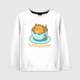 Детский лонгслив хлопок с принтом Catpuccino в Кировске, 100% хлопок | круглый вырез горловины, полуприлегающий силуэт, длина до линии бедер | Тематика изображения на принте: animal | cat | cute | kitty | meow | друг | животные | киска | китти | кот | котенок | котик | котэ | кошечка | кошка | милый | мур | мяу | питомец