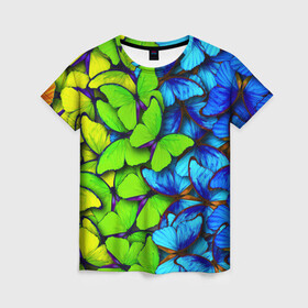 Женская футболка 3D с принтом БАБОЧКИ УЗОР / BUTTERFLIES в Кировске, 100% полиэфир ( синтетическое хлопкоподобное полотно) | прямой крой, круглый вырез горловины, длина до линии бедер | butterflies | texture | бабочки | весна | животные | лето | природа. | текстура | узор