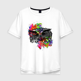 Мужская футболка хлопок Oversize с принтом взгляд совы в Кировске, 100% хлопок | свободный крой, круглый ворот, “спинка” длиннее передней части | арт | краски | перья | птица | сова | цвет