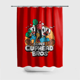 Штора 3D для ванной с принтом Super Cuphead Bros в Кировске, 100% полиэстер | плотность материала — 100 г/м2. Стандартный размер — 146 см х 180 см. По верхнему краю — пластиковые люверсы для креплений. В комплекте 10 пластиковых колец | arkade | cup head | cuphead | game | games | mario | аркада | игра | игры | кап хэд | капхед | купа хэд | марио | сгз руфв | сгзруфв | чашкоголовый