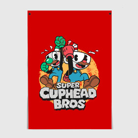 Постер с принтом Super Cuphead Bros в Кировске, 100% бумага
 | бумага, плотность 150 мг. Матовая, но за счет высокого коэффициента гладкости имеет небольшой блеск и дает на свету блики, но в отличии от глянцевой бумаги не покрыта лаком | arkade | cup head | cuphead | game | games | mario | аркада | игра | игры | кап хэд | капхед | купа хэд | марио | сгз руфв | сгзруфв | чашкоголовый