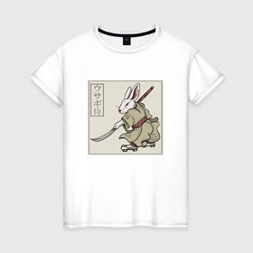 Женская футболка хлопок с принтом Кролик Самурай Rabbit Samurai в Кировске, 100% хлопок | прямой крой, круглый вырез горловины, длина до линии бедер, слегка спущенное плечо | art | cyberpunk samurai | ninja | oni | rdsmry | ronin | samurai | shogun | ukiyo e | арт | живопись | животные | заяц | киберпанк самурай | мерч | прикол | путь воина | путь самурая | ронин | сёгун | токио | укиё э | фреска | харакири