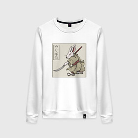 Женский свитшот хлопок с принтом Кролик Самурай Rabbit Samurai в Кировске, 100% хлопок | прямой крой, круглый вырез, на манжетах и по низу широкая трикотажная резинка  | art | cyberpunk samurai | ninja | oni | rdsmry | ronin | samurai | shogun | ukiyo e | арт | живопись | животные | заяц | киберпанк самурай | мерч | прикол | путь воина | путь самурая | ронин | сёгун | токио | укиё э | фреска | харакири