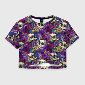 Женская футболка Crop-top 3D с принтом Психоделика - черепа и грибы в Кировске, 100% полиэстер | круглая горловина, длина футболки до линии талии, рукава с отворотами | абстракция | грибы | паттерн | психоделика | текстуры | цветы | череп | черепа