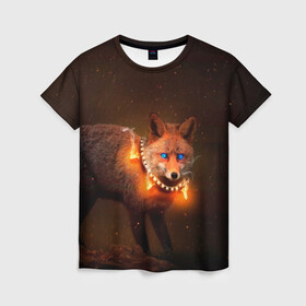 Женская футболка 3D с принтом Лисица с гирляндой в Кировске, 100% полиэфир ( синтетическое хлопкоподобное полотно) | прямой крой, круглый вырез горловины, длина до линии бедер | fox | foxy | животное | звери | лиса | лисенок | лисичка | милая | рыжая | фокс