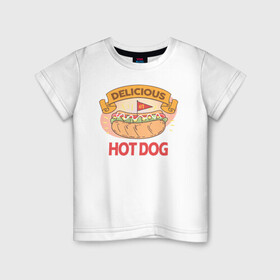 Детская футболка хлопок с принтом Delicious Hot Dog в Кировске, 100% хлопок | круглый вырез горловины, полуприлегающий силуэт, длина до линии бедер | burgers | delicious | hot dog | вредная еда | еда